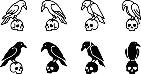 Obraz premium Set Of Black And White Crow And Raven Icons Perched On Human Skulls Representing Gothic Art And Dark Fantasy Design Elements.