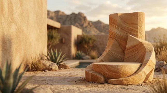 Abstract sandstone podium display with geometric shapes for product presentation in a warm desert outdoor setting.