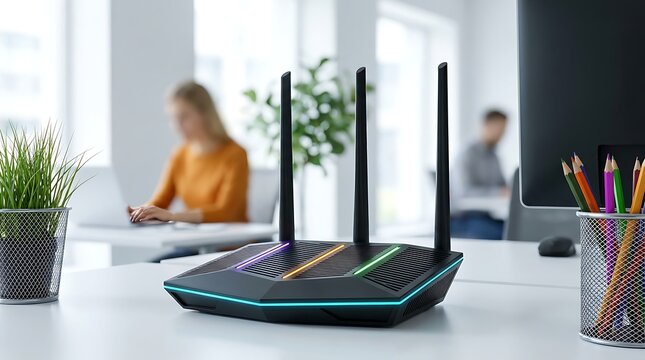 Futuristic black wireless router with colorful LED lights stands on clean office desk with plant and colored pencils in background of professional workspace.