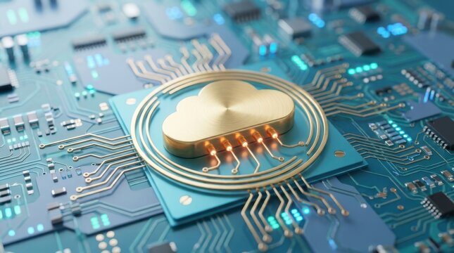Gold cloud computing icon on digital circuit board with blue connections representing modern data cloud technology.