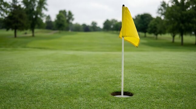 A picturesque golf course setting featuring a vibrant yellow flag marking the hole on a meticulously maintained green, evoking a sense of leisure and outdoor recreation under a cloudy sky