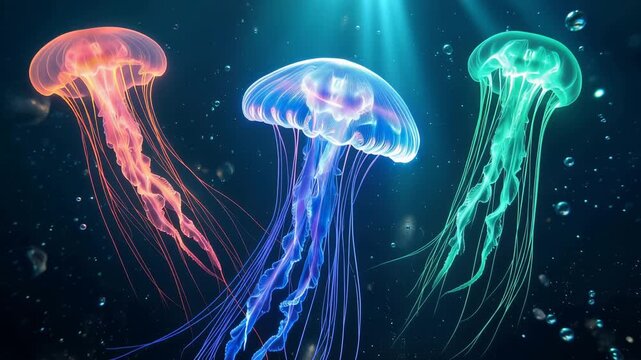 Glowing neon jellyfish drifting through deep ocean, featuring luminous bioluminescent tentacles, surrounded by crystal clear and blue water, 4K video