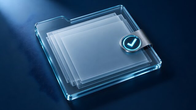 Modern transparent folder with stack of translucent documents and glowing checkmark symbol representing approval or completion of tasks