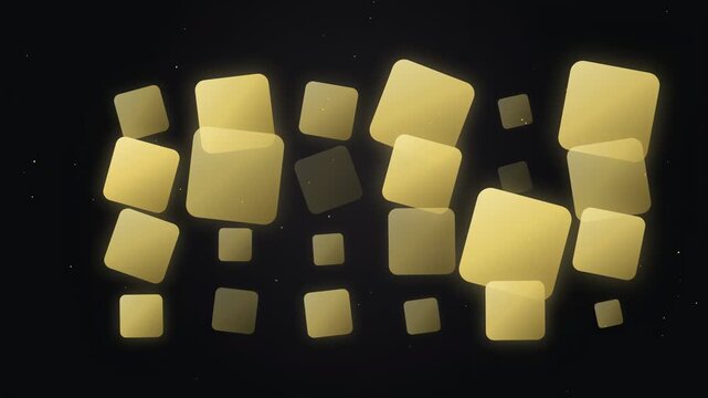 Abstract golden 3D cubes floating and rotating in a dark void with soft ambient lighting