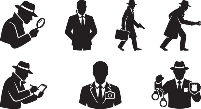 Set of black and white silhouettes featuring detectives, secret agents, and security personnel with cameras, handcuffs, and investigative gear