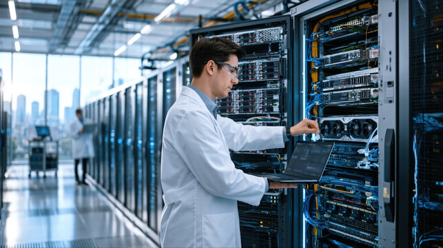 Data center technician white lab coat and safety glasses configuring server hardware with laptop rack, focused professional adjusting cables