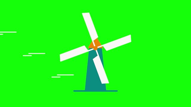 Flat Windmill Animation Icon on Green Screen