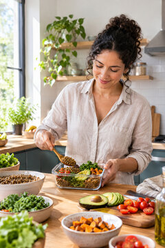 Mujer preparando comida saludable para llevar