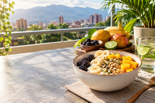 Bowl de yogur con frutas y granola en terraza