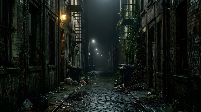 Urban alleyway with wet pavement and dim street lighting at night