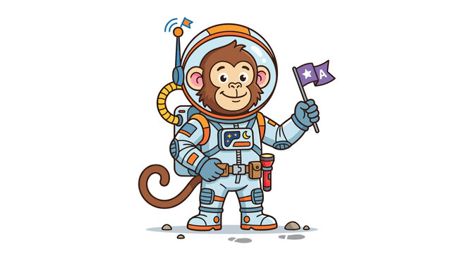 Cartoon Monkey Astronaut Holding Flag on Transparent Background