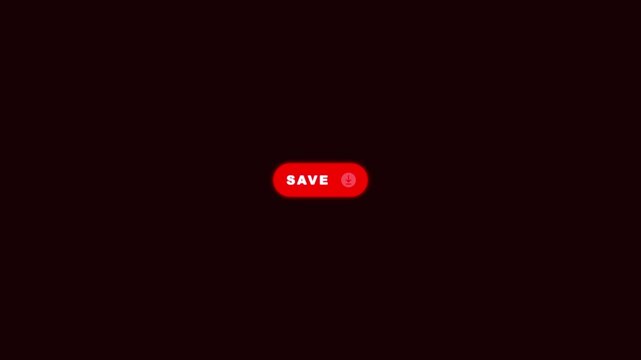 Animated red save button loop with glowing design and download arrow icon for digital system application on dark background in 4K resolution.