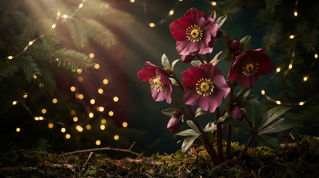Dark red hellebore flowers in festive winter setting