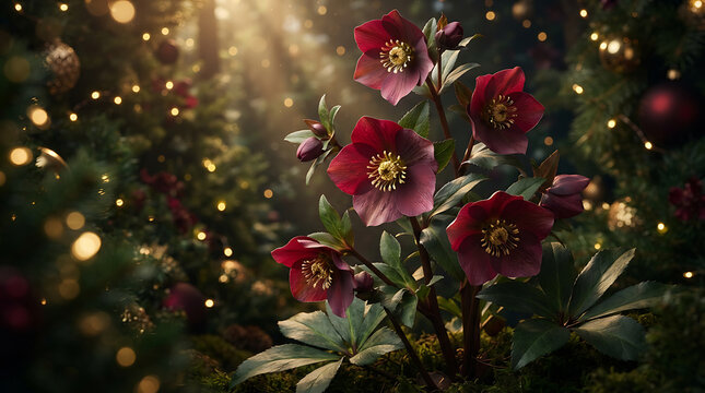 Dark red hellebore flowers in festive christmas setting
