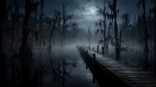 Dark swamp with wooden walkway at night in eerie landscape