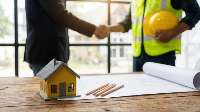 Handshake between architect and contractor with a yellow house model and blueprints on a wooden desk in a bright modern office space