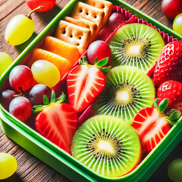 Fresh Bento Box Close-Up with Fruits and Crackers