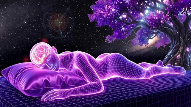 Wireframe Human Body Lying on Pillow with Illuminated Brain and Glowing Purple Tree in Cosmic Space