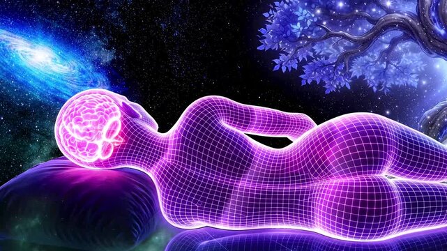 Wireframe Human Body Lying on Pillow with Illuminated Brain, Cosmic Galaxy and Glowing Tree Background
