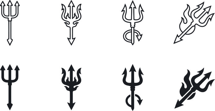 Set Of Black Trident And Devil Fork Icons In Outline And Solid Style For Gaming, Fantasy Character Design, And Mythological Branding Projects.