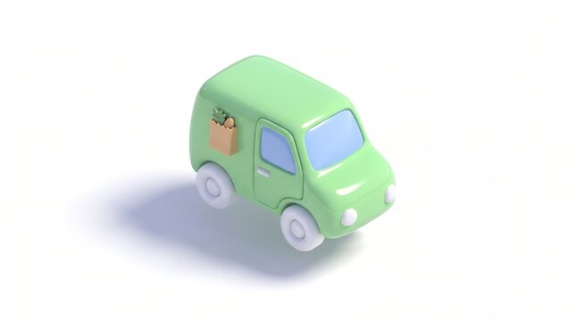 Cute cartoon delivery van carrying groceries in paper bag isometric