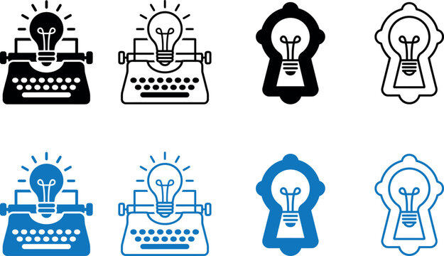 Set of creative icons featuring a typewriter and lightbulb representing a brilliant idea for writers and authors