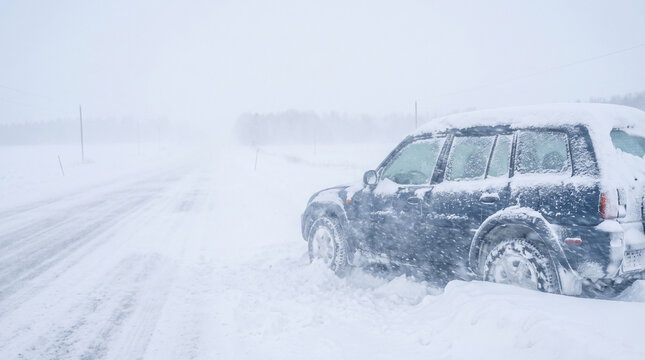 A dark blue SUV is stranded on a snow-covered roadside during a severe winter blizzard with white-out conditions.