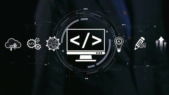 Modern web development concept featuring coding symbols, web development process, web development interface, and web development tools with futuristic design. Elide