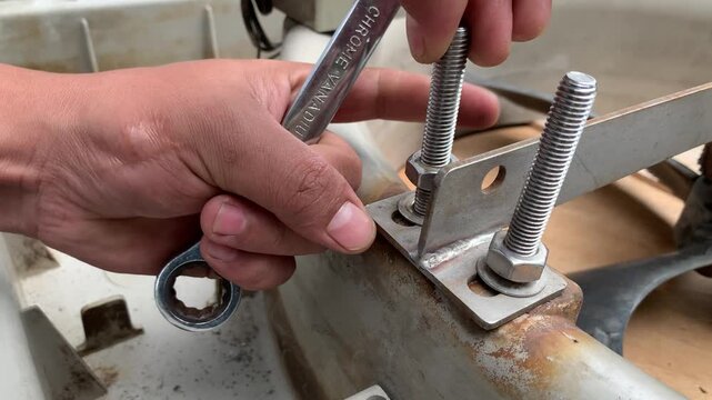 view of technician hand loosening a nut on a threaded rod