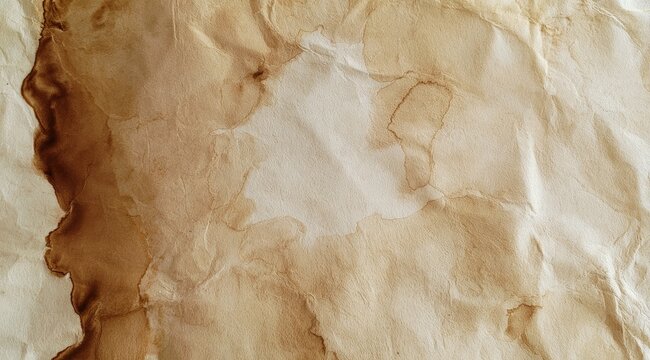 Aged, stained parchment with crinkled texture and dark, splotchy markings