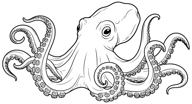 Detailed line drawing depicts an octopus with eight arms and large eyes