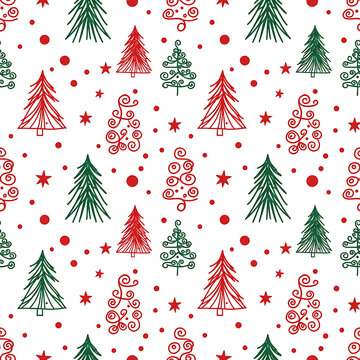 Tree Star Seamless Holiday Pattern Featuring Handdrawn Green and Red Christmas Trees Stars and Whimsical Doodles on a White Background for