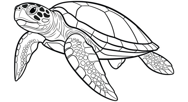 Line drawing of a sea turtle with detailed shell patterns on a white background