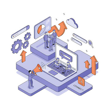 Isometric Illustration of a Professional Team Collaborating on a Digital Marketing and Seo Strategy Using a Laptop Megaphone and Analytics Tools