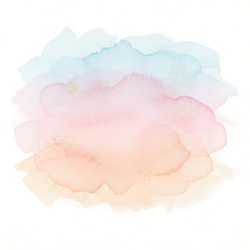 Background Abstract Soft Watercolor Splash with Pastel Blue Pink and Peach Layers Featuring Delicate Gold Foil Speckles on a White Backdrop