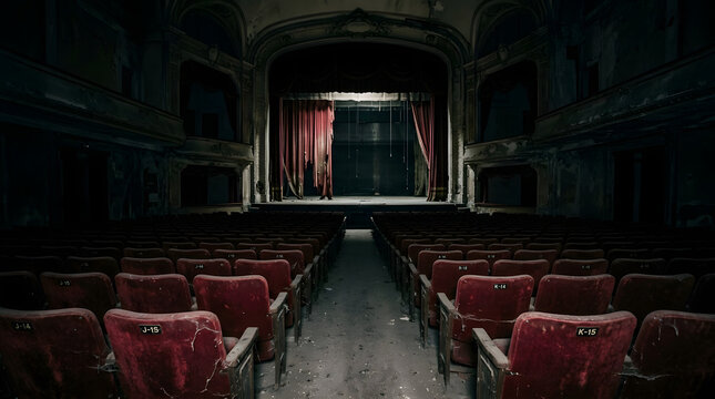 Abandoned theater with decayed curtains and empty seats