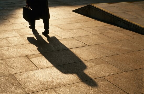 Low angle view of a person walking away, casting a long shadow