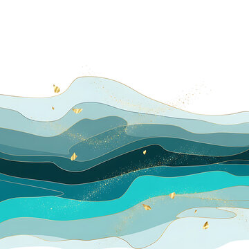 Wave Gold Minimalist Abstract Landscape Featuring Layered Teal and Blue Waves Decorated with Golden Lines and Shimmering Foil Accents on a White