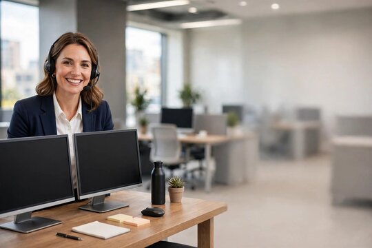 Customer service rep with headset at dual monitors