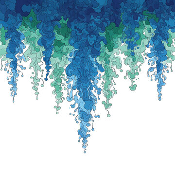Abstract Dripping Stylized Illustration of Blue and Teal Liquid Ink Swirls Cascading Downwards from the Top Against a White Background