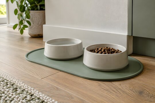 Clean pet feeding station with ceramic bowls and a washable mat