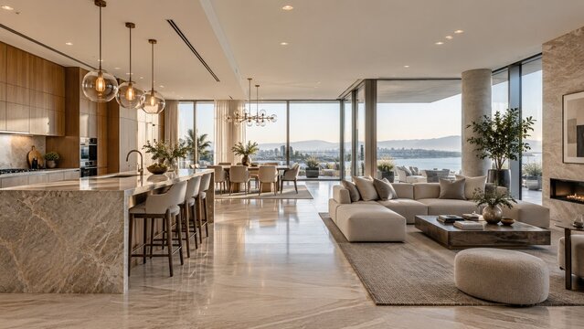 Luxury loft living room with panoramic city and sea view