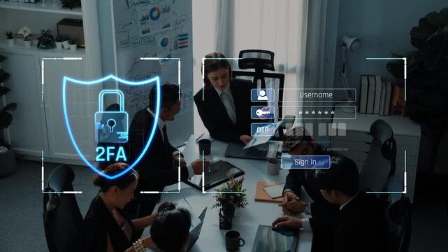 A focused business team engages in a meeting, discussing digital security strategies while a 2FA authentication interface is displayed prominently in their modern office environment. Raster