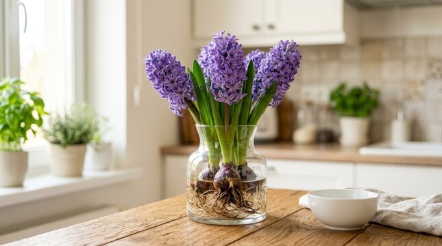 Purple hyacinth flowers blooming in glass vase with water and visible roots on wooden table in bright kitchen interior for spring home decor