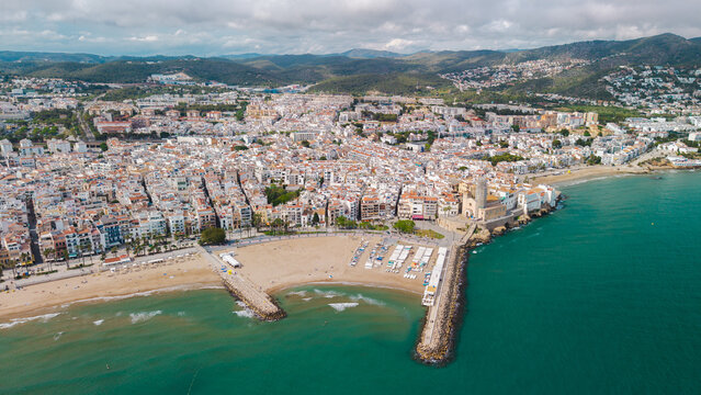 Aerial Panoramic View of Sitges Coastline and Mediterranean Beach