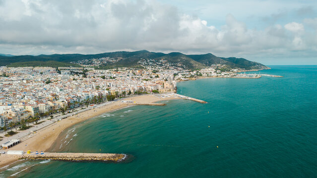 Aerial Panorama of Sitges Bay and Mediterranean Coast