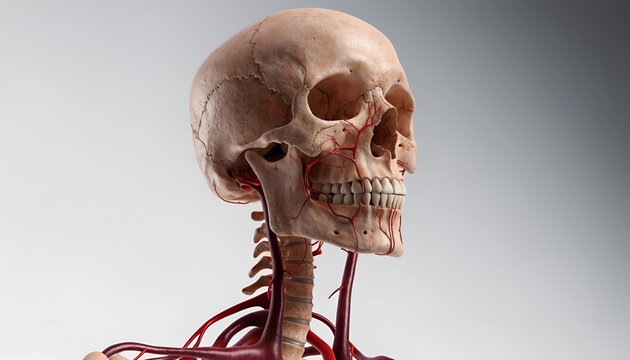 Detailed 3D Anatomical Illustration of the Human Skull, Neck Vertebrae and Blood Vessels on White Background