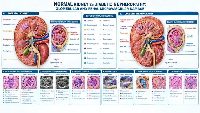 tic nephropathy, highlighting glomerular damage, basement membrane thickening, mesangial expansion, podocyte stress, microvascular remodeling, and renal microanatomy.