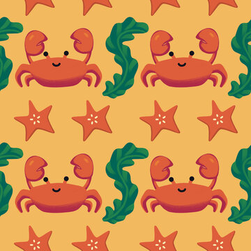 Hand drawn cute cartoon little crab seamless pattern
