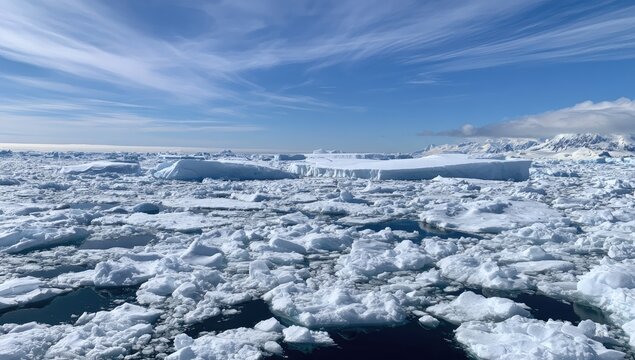 Vast icy ocean with ice floes and distant snowy peaks under a blue sky